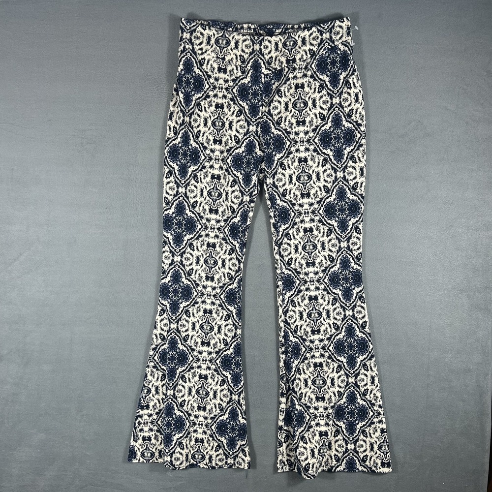 About A Girl Women's XL Navy Blue White Medallion Print Flare Bell Bottom Pants